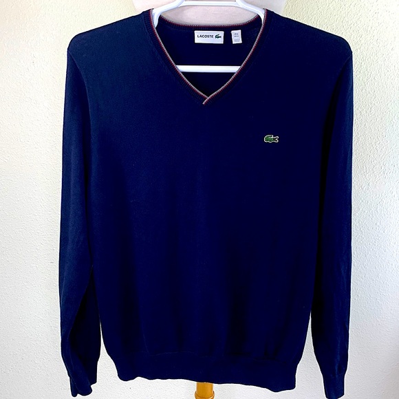 Lacoste Other - LACOSTE Men Classic Dark Navy Blue 100% Cotton V-Neck Long Sleeve Sweater Sz. XL